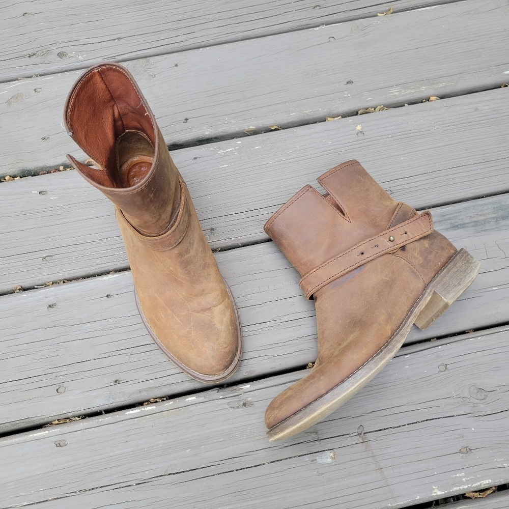 Madewell The Biker Brown Oiled Leather Strappy Moto Biker Short‎ Boots Booties 8
